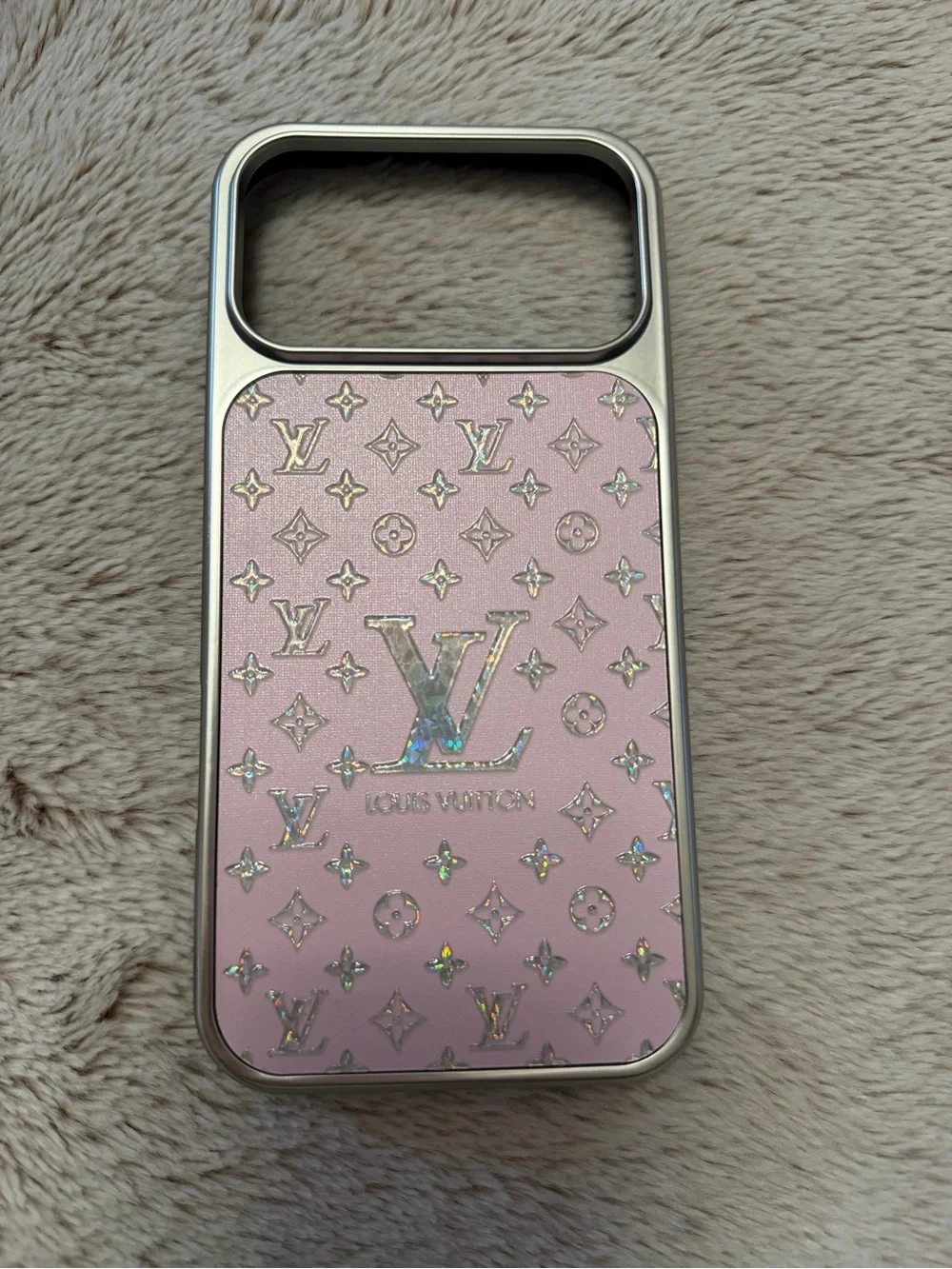 17 pro max Pink Holographic Monogram Phone Case with Gold Trim